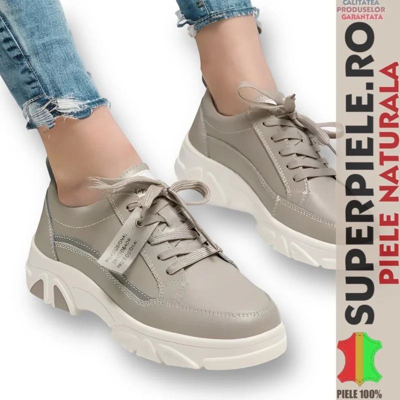 Baskets grises en cuir véritable pour femme |LENSKI| semelle épaisse avec étiquette