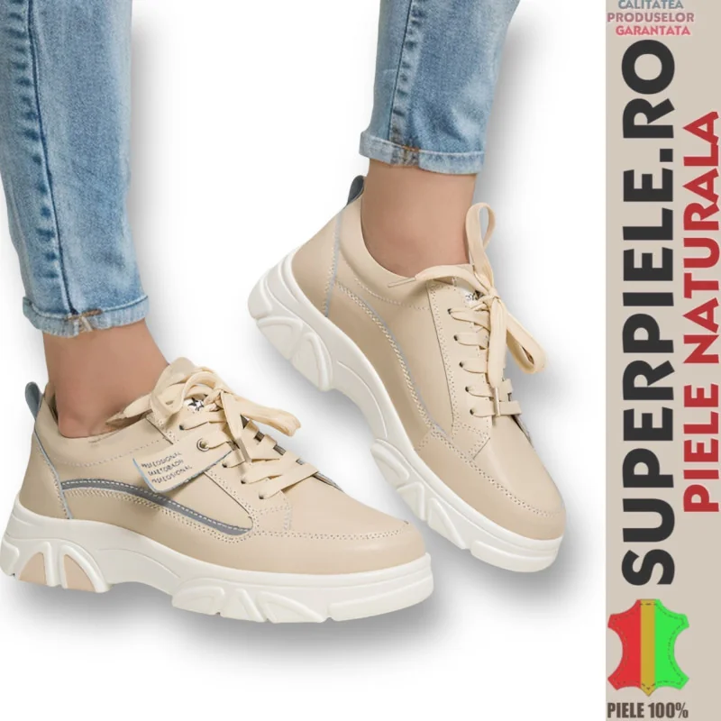 Superpiele - Magazin Online de Încăltăminte-Genti din Piele NaturalăSneakers dama bej piele naturala |LENSKI| talpa groasa cu eticheta