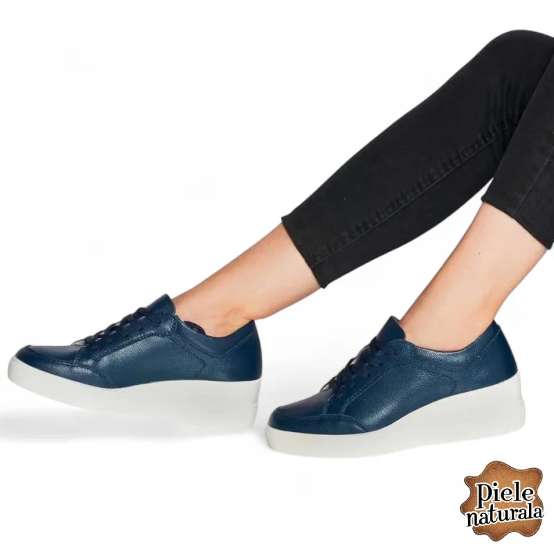 chaussures décontractées bleu marine pour femmes, en cuir véritable, avec plateforme |KASOLY|
