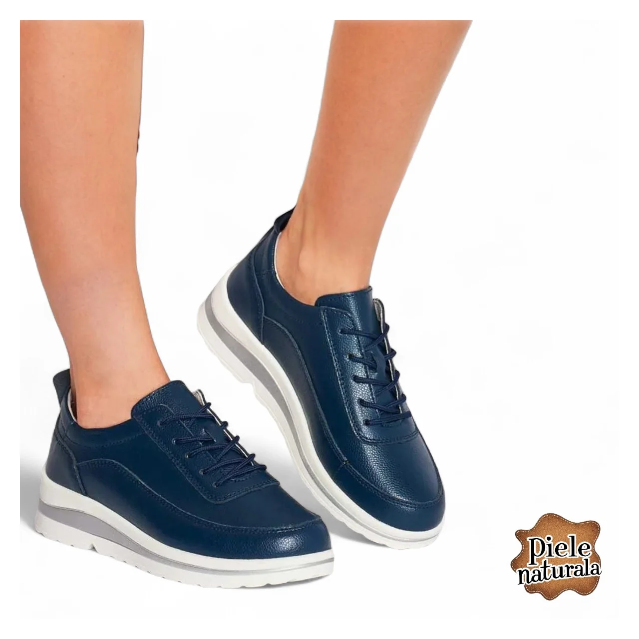 chaussures décontractées bleu marine, cuir naturel avec semelle blanche et grise | GROKOMI |