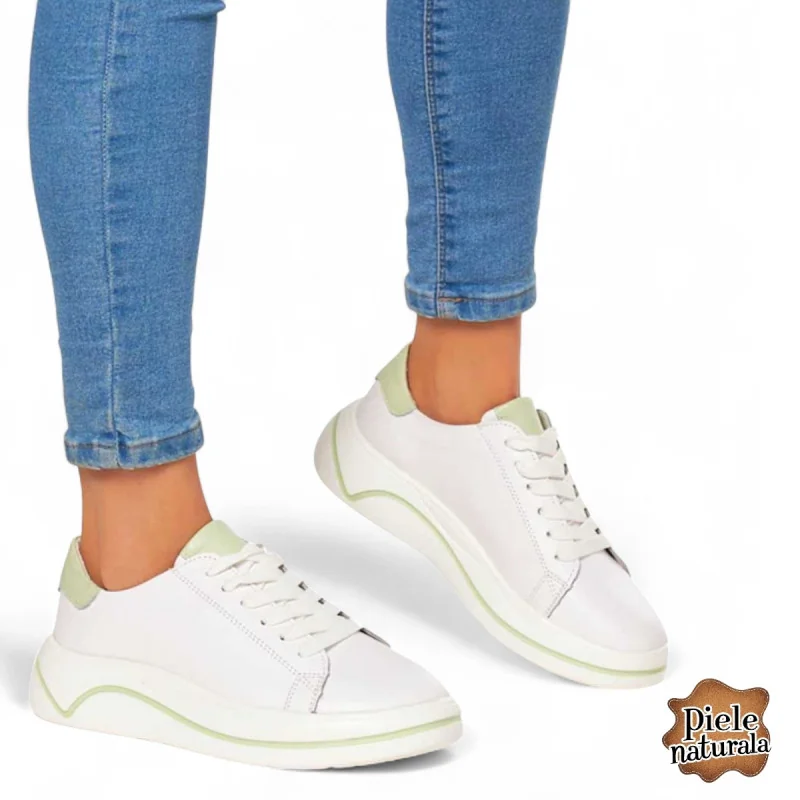 Chaussures décontractées pour femmes en cuir naturel blanc et vert |DANIOMIZA|