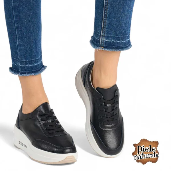 Schwarze Damen Sneaker aus echtem Leder |Roxana| - schwarze Sohle
