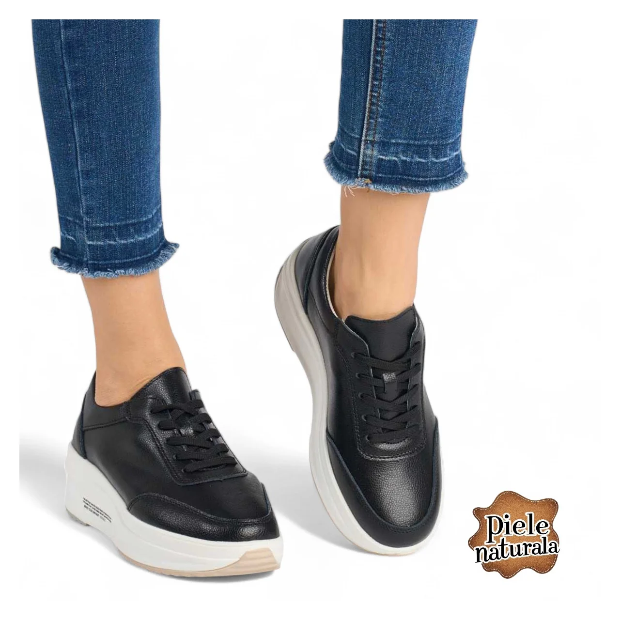 Baskets noires pour femmes en cuir véritable |Roxana|-semelle blanche