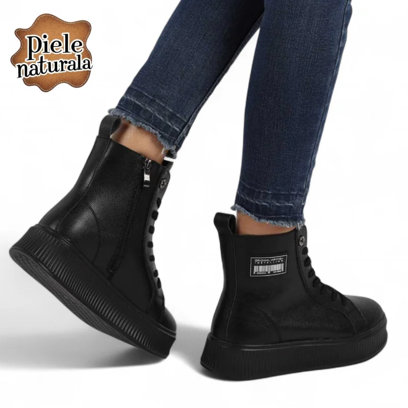 Bottes en fourrure noire en cuir naturel avec plateforme uniforme |ZILAMO|