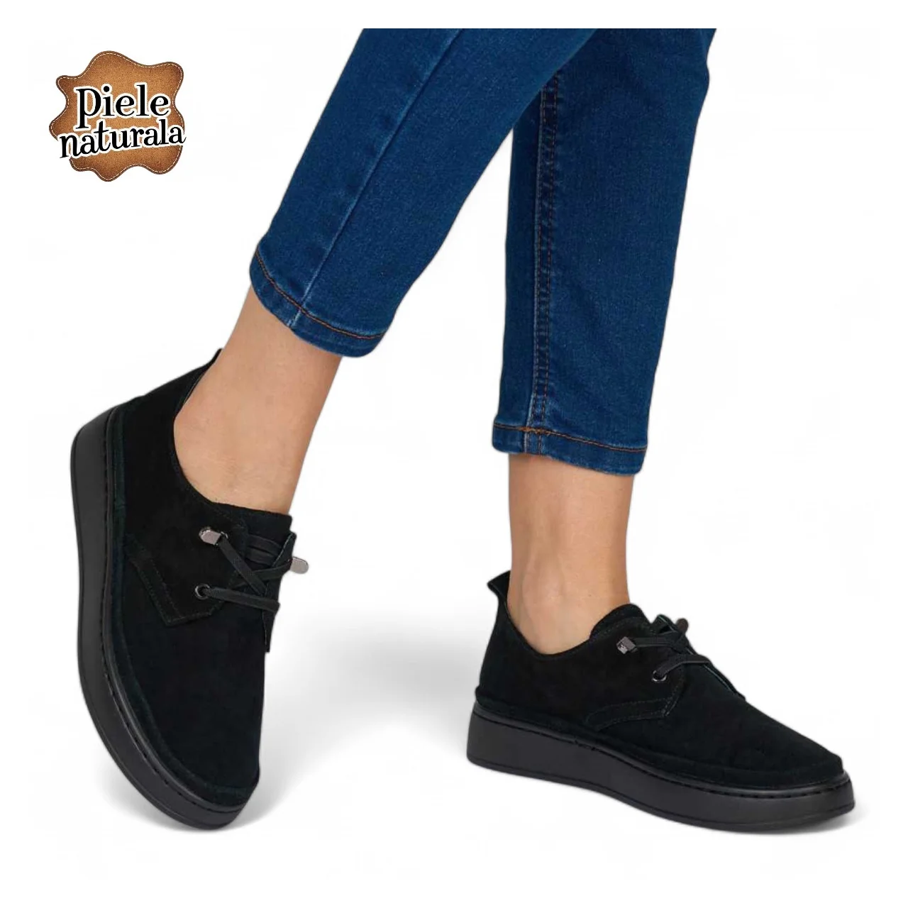 Chaussures décontractées pour femmes en cuir suédé noir avec fermeture à lacets élastiques F001-68