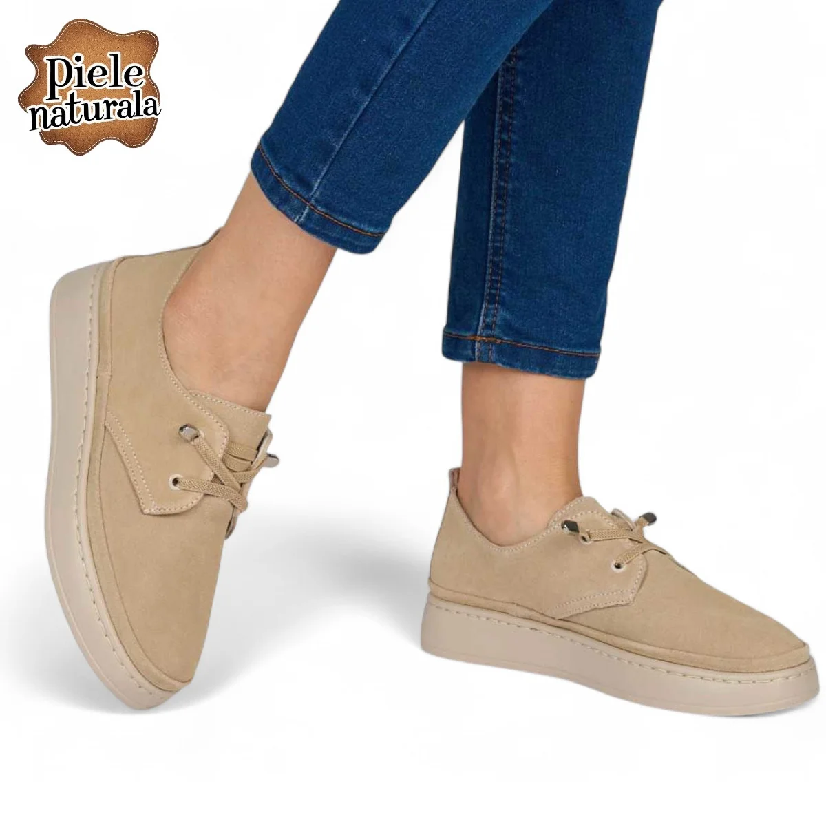 Chaussures décontractées pour femmes en daim beige avec fermeture à lacets élastiques