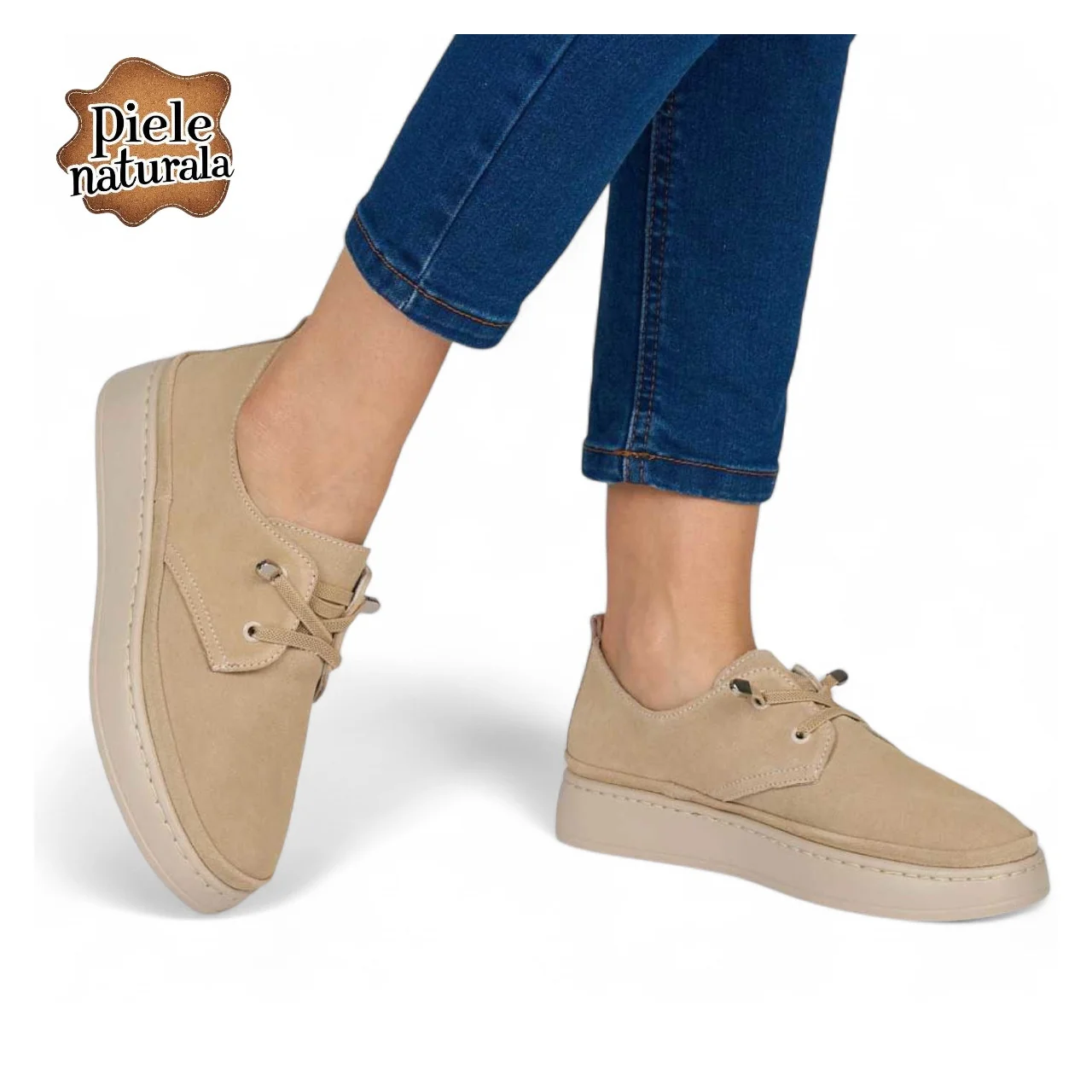 Chaussures décontractées pour femmes en daim beige avec fermeture à lacets élastiques