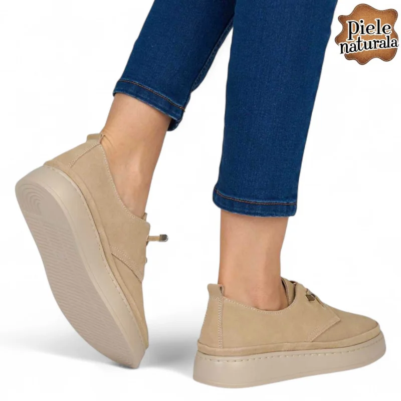 Chaussures décontractées pour femmes en daim beige avec fermeture à lacets élastiques