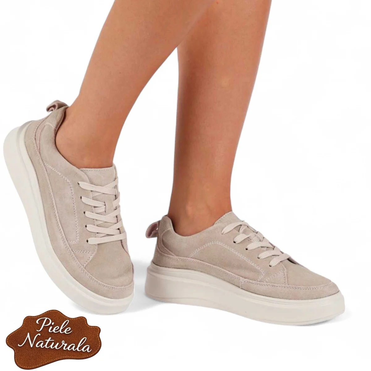Casual γυναικεία παπούτσια από φυσικό nubuk δέρμα σε μπεζ, με στρογγυλή μύτη