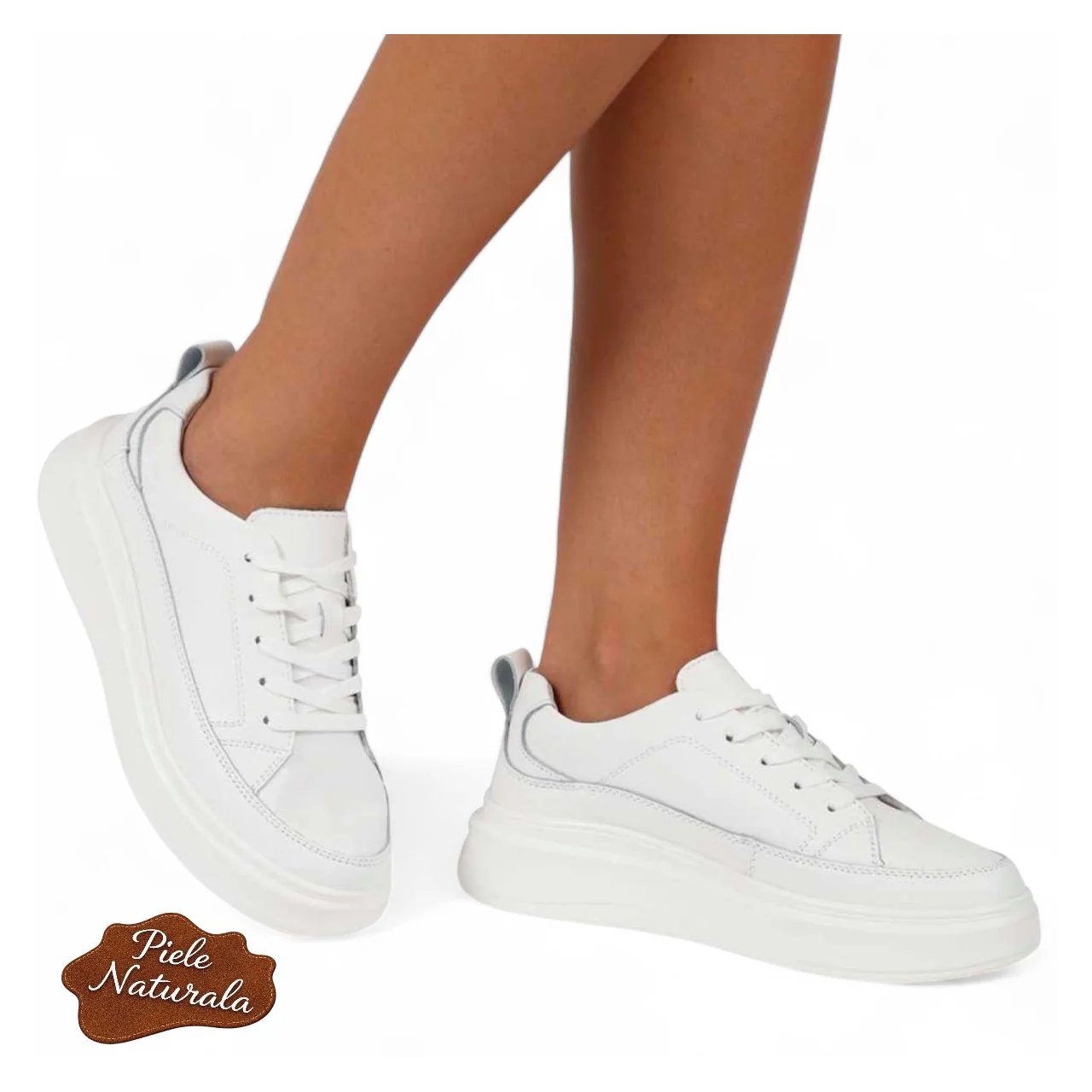 Chaussures décontractées pour femmes, cuir véritable blanc, bout rond |NAKITI|