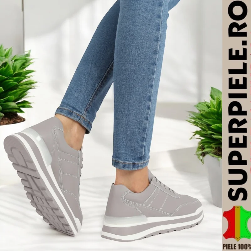 Tienda online de zapatos de piel auténtica para mujer.Zapatillas deportivas de mujer color gris, piel natural, suela alta |PROMIKA|