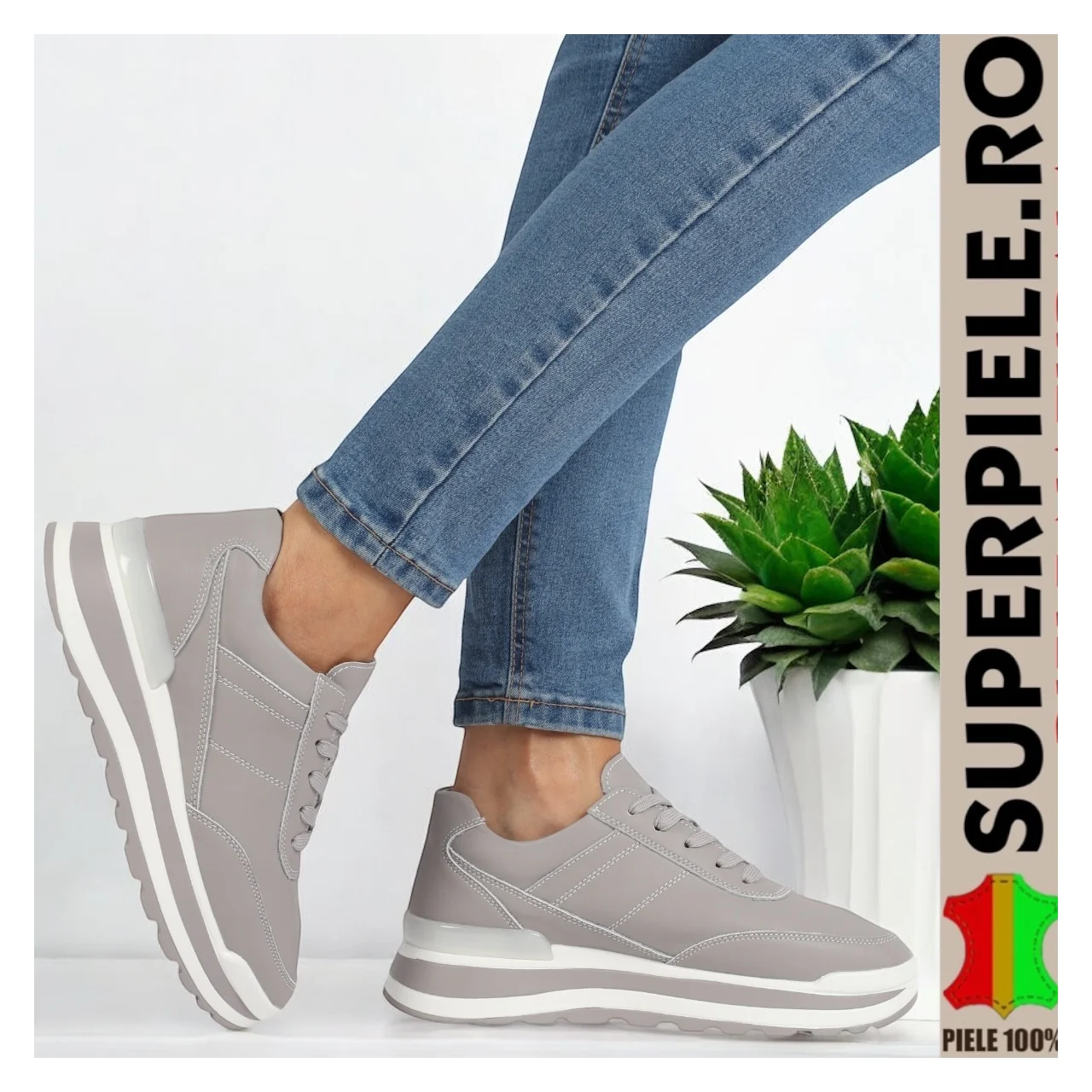 Tienda online de zapatos de piel auténtica para mujer.Zapatillas deportivas de mujer color gris, piel natural, suela alta |PROMIKA|