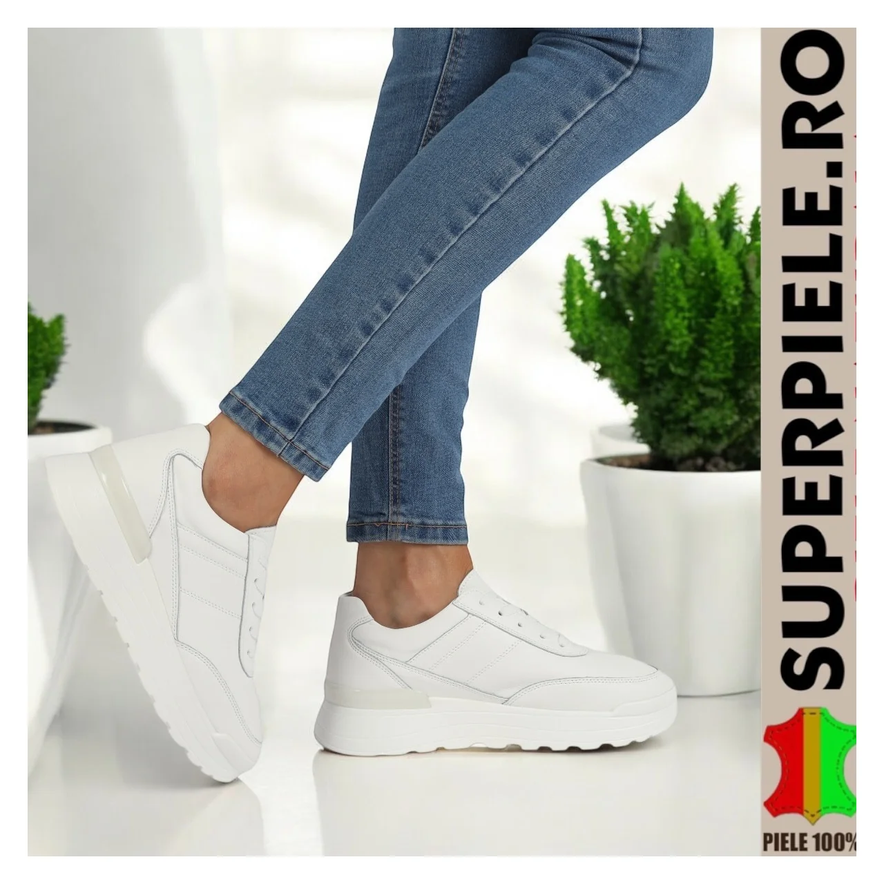 Superpiele - Magazin Online de Încăltăminte-Genti din Piele NaturalăSneakers dama albi piele naturala, talpă înaltă |PROMIKA|