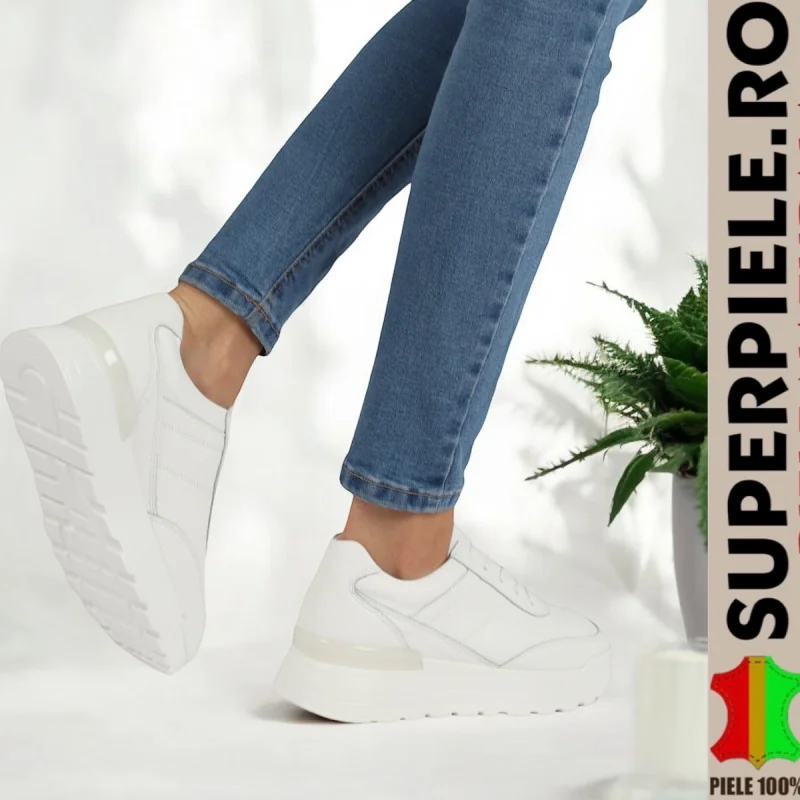 Superpiele - Magazin Online de Încăltăminte-Genti din Piele NaturalăSneakers dama albi piele naturala, talpă înaltă |PROMIKA|