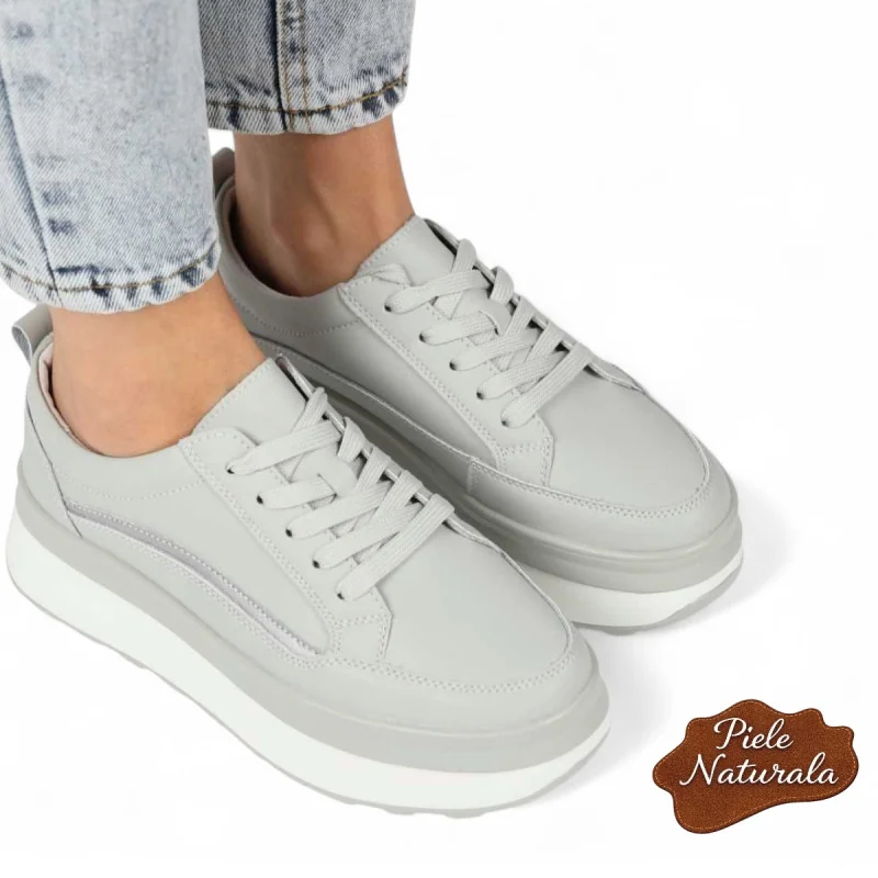 Chaussures décontractées grises pour femmes, cuir véritable, semelle épaisse |ZIKAVY|