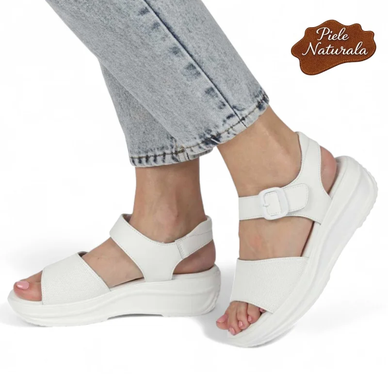 Sandales blanches en cuir véritable pour femmes avec fermeture velcro et boucle décorative |JOMAZY||