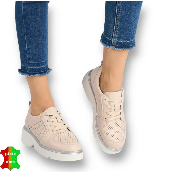 Chaussures en cuir naturel beige avec plateforme et lacets |zeven|