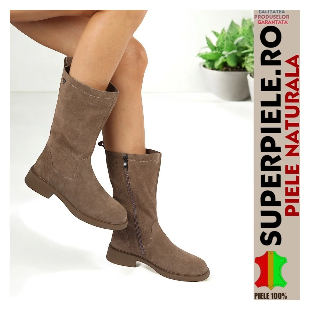 Stivali donna in pelle scamosciata kaki con punta tonda TN6432-1