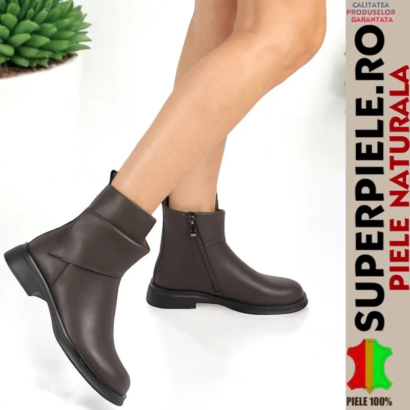 Stivaletti donna kaki scuro in pelle naturale con design sovrapposto e lacci TN6443-2