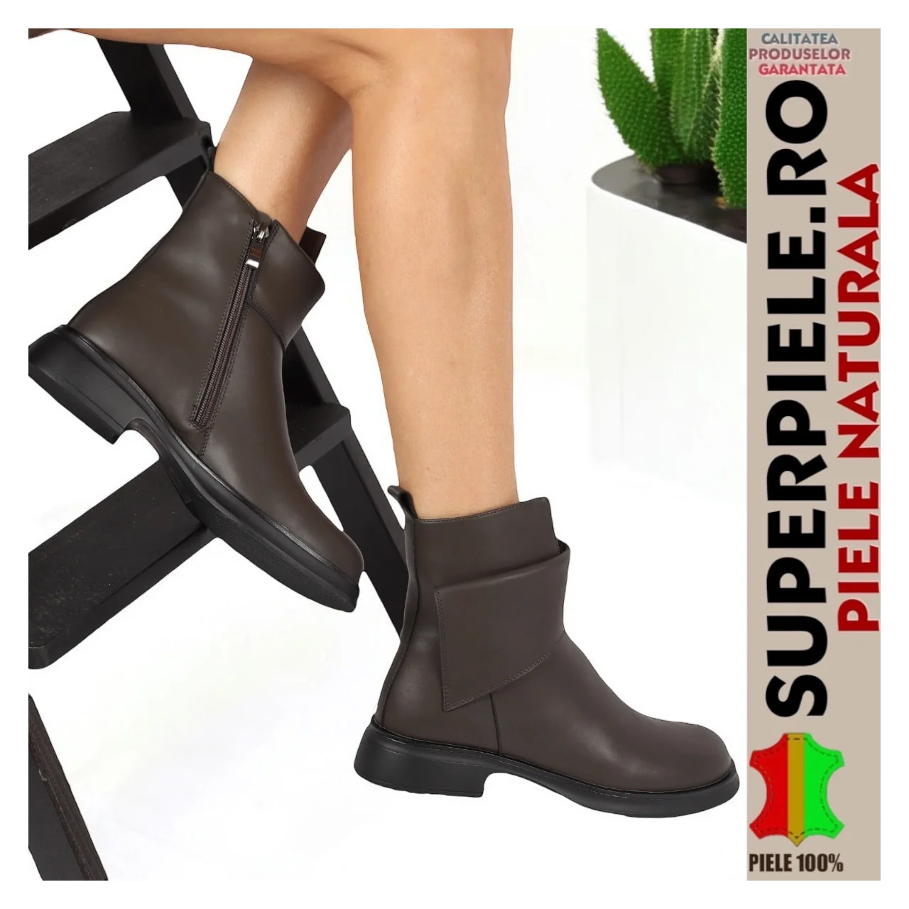 Stivaletti donna kaki scuro in pelle naturale con design sovrapposto e lacci TN6443-2