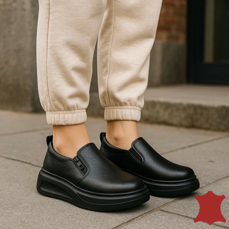Chaussures casual femme en cuir naturel noir avec fermeture éclair latérale T6051