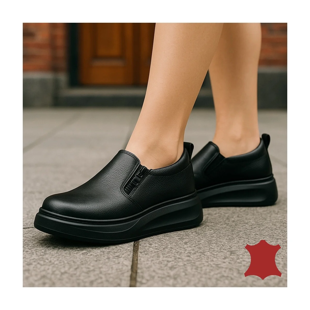 Chaussures casual femme en cuir naturel noir avec fermeture éclair latérale T6051