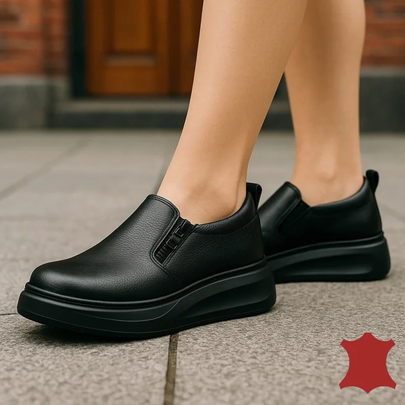 Chaussures casual femme en cuir naturel noir avec fermeture éclair latérale T6051