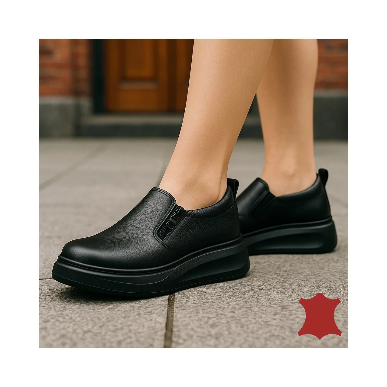 Chaussures casual femme en cuir naturel noir avec fermeture éclair latérale T6051
