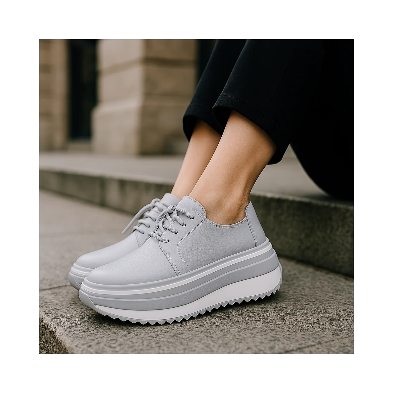 online winkel voor damesschoenen van echt leerGrijze dames casual schoenen van echt leer met dikke zool T-6055