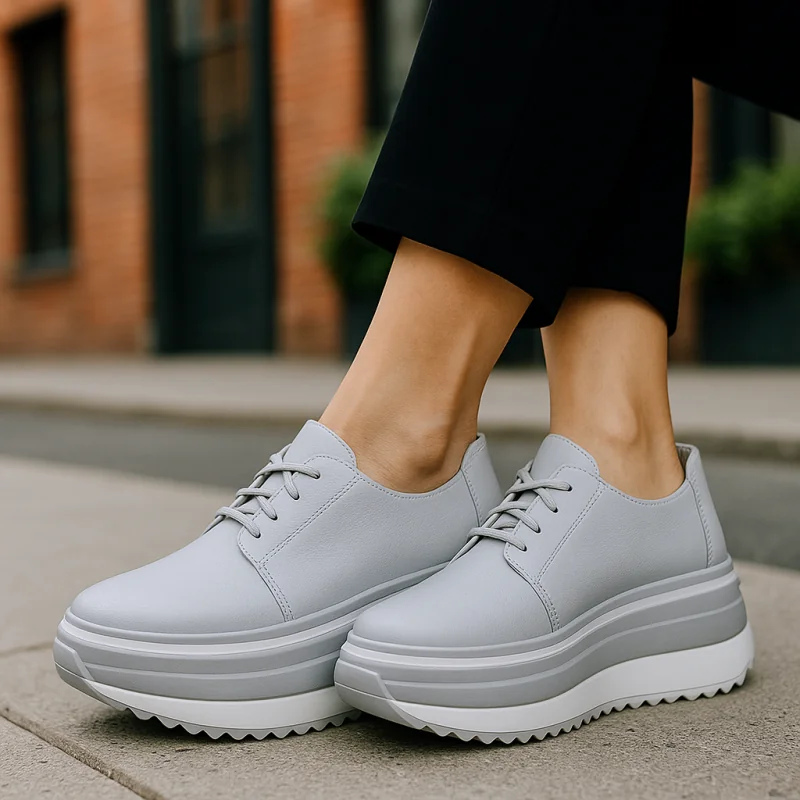 online winkel voor damesschoenen van echt leerGrijze dames casual schoenen van echt leer met dikke zool T-6055