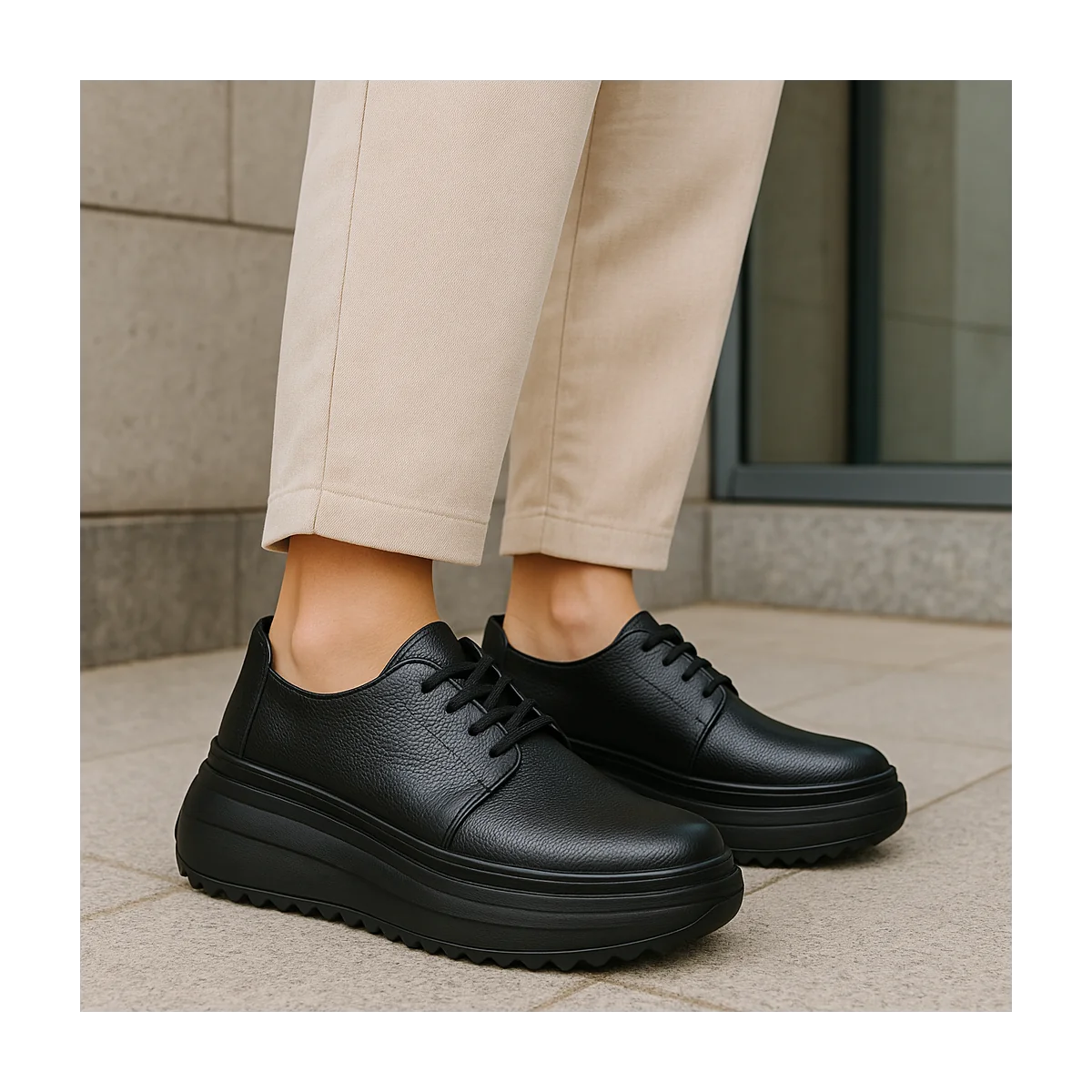 Damen Freizeitschuhe aus schwarzem Echtleder mit dicken Sohlen T-6055