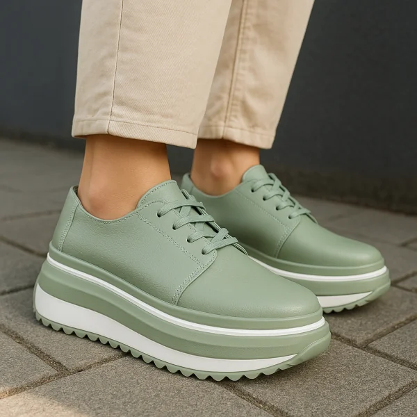 Groene casual damesschoenen van echt leer met dikke zool T-6055