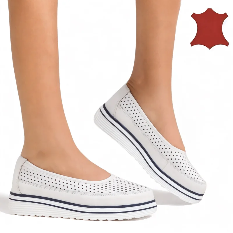 Ballerines blanches perforées pour femmes en cuir naturel à semelles hautes |Sydra|