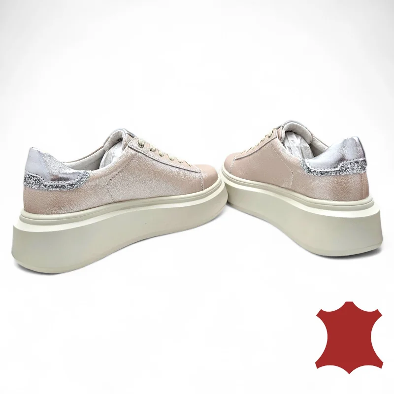 Chaussures casual femme en cuir naturel rose nacré avec fermeture lacets F002-426B