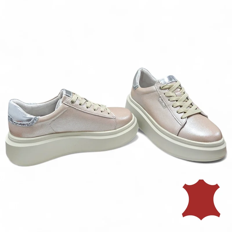 Chaussures casual femme en cuir naturel rose nacré avec fermeture lacets F002-426B
