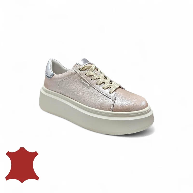 Chaussures casual femme en cuir naturel rose nacré avec fermeture lacets F002-426B