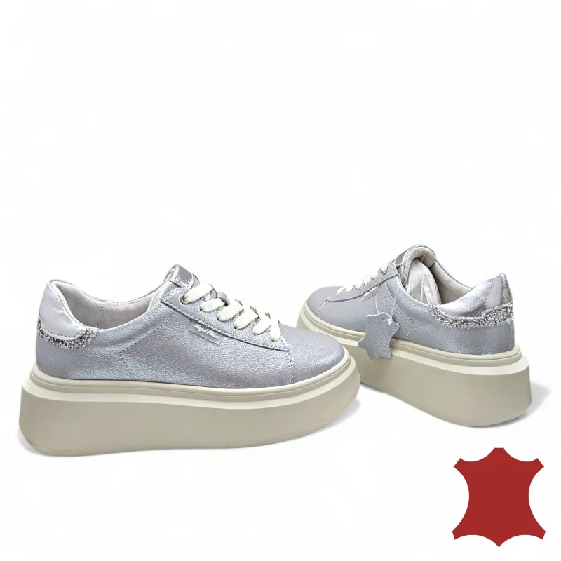 Damskie buty casual z naturalnej skóry perłowo-srebrne F002-426B