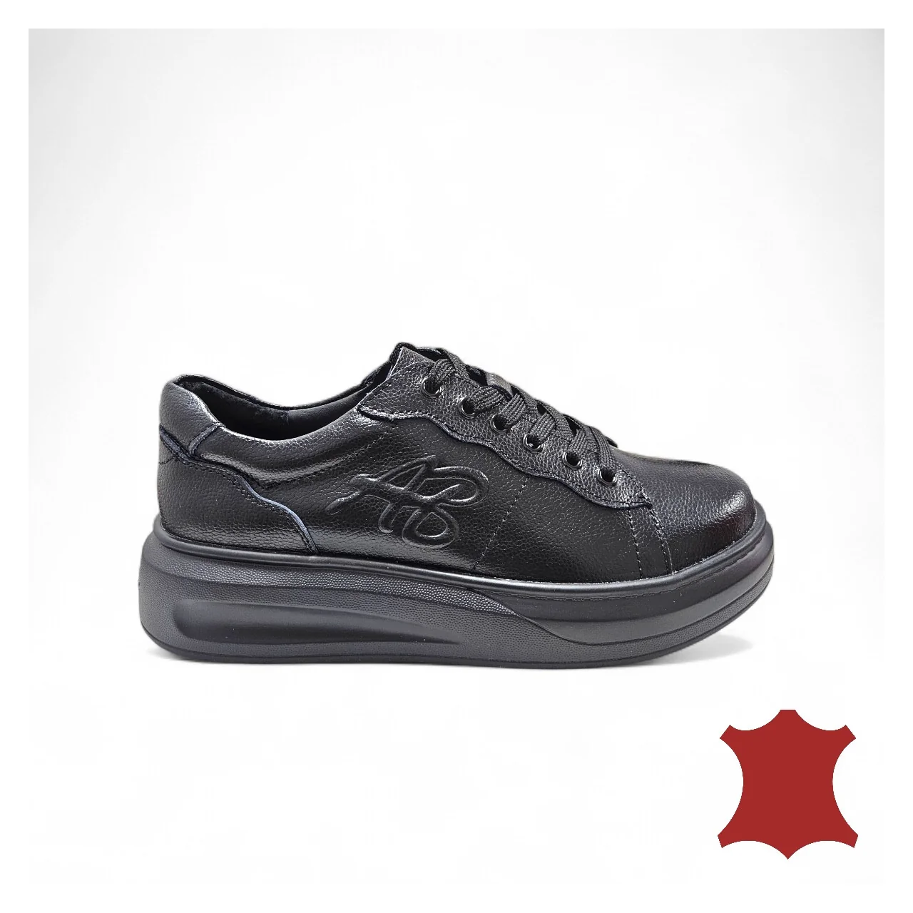 Scarpe casual da donna in pelle naturale nere con lacci T6053