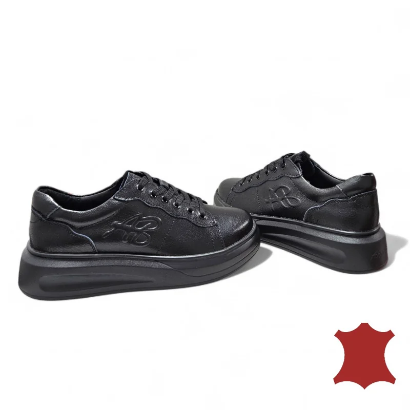 Scarpe casual da donna in pelle naturale nere con lacci T6053