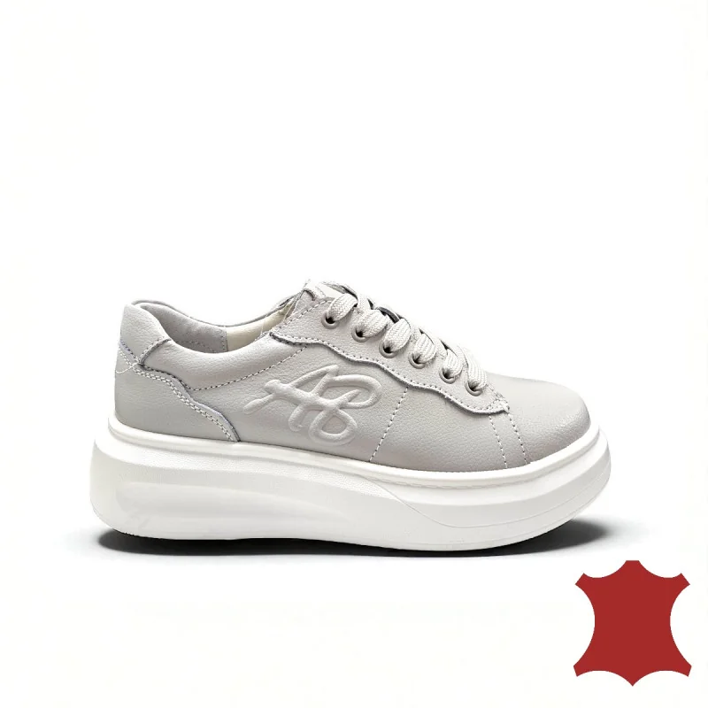 Damen Casual Schuhe aus grauem echtem Leder, gefüttert mit Schnürsenkeln T6053