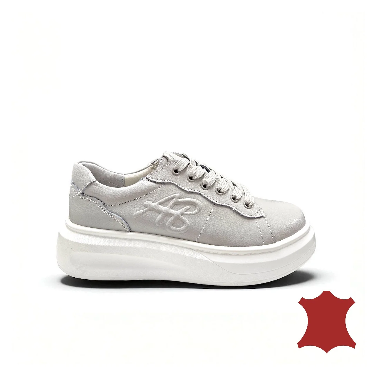 Damen Casual Schuhe aus grauem echtem Leder, gefüttert mit Schnürsenkeln T6053