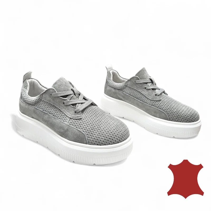 Damen Casual Schuhe aus grauem echtem Veloursleder mit strukturiertem Muster und Schnürung F002-472