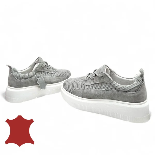 Damen Casual Schuhe aus grauem echtem Veloursleder mit strukturiertem Muster und Schnürung F002-472