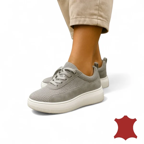 Damen Casual Schuhe aus grauem echtem Veloursleder mit strukturiertem Muster und Schnürung F002-472