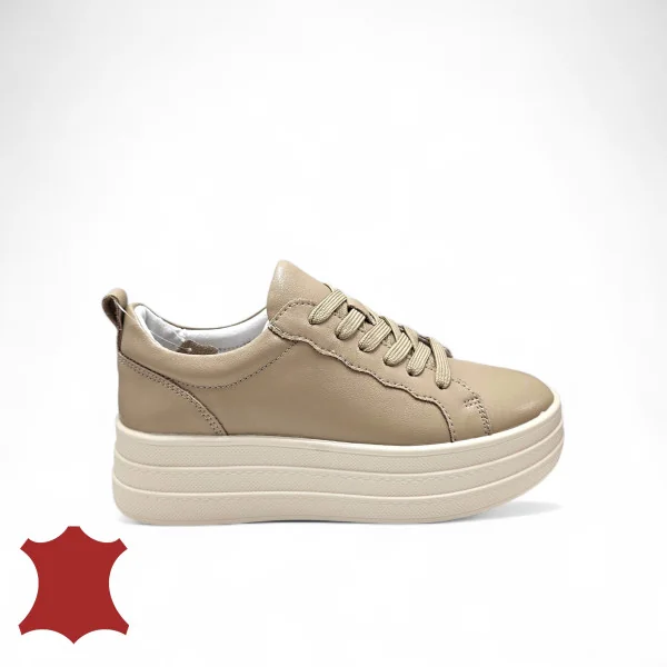 Ženske ležerne cipele od prirodne kože kaki boje s debelim potplatom F002‑397