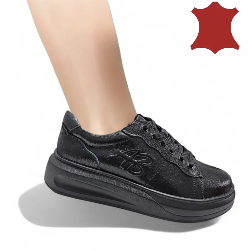 Scarpe casual da donna in pelle naturale nere con lacci T6053