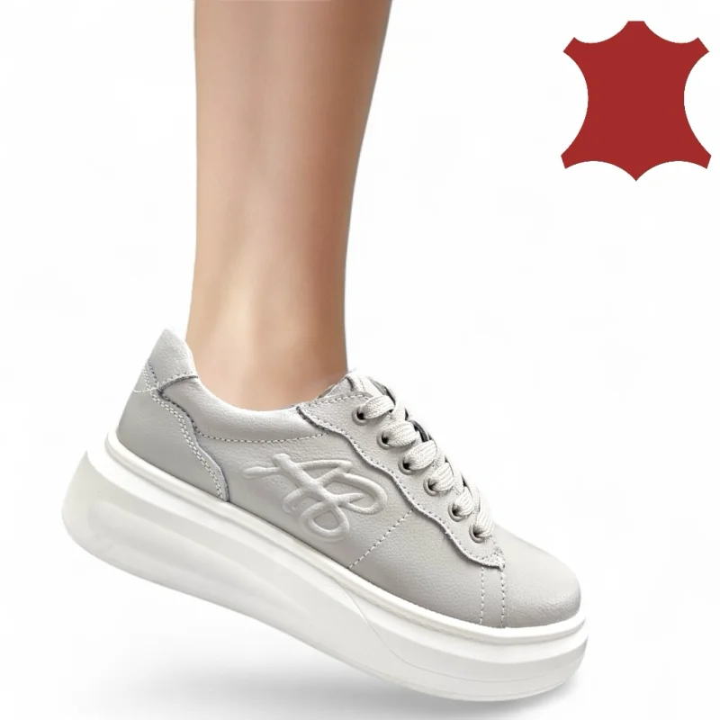 Damen Casual Schuhe aus grauem echtem Leder, gefüttert mit Schnürsenkeln T6053