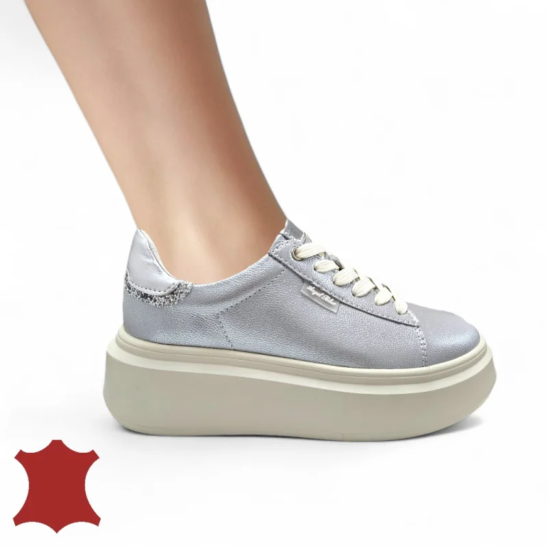 Damskie buty casual z naturalnej skóry perłowo-srebrne F002-426B