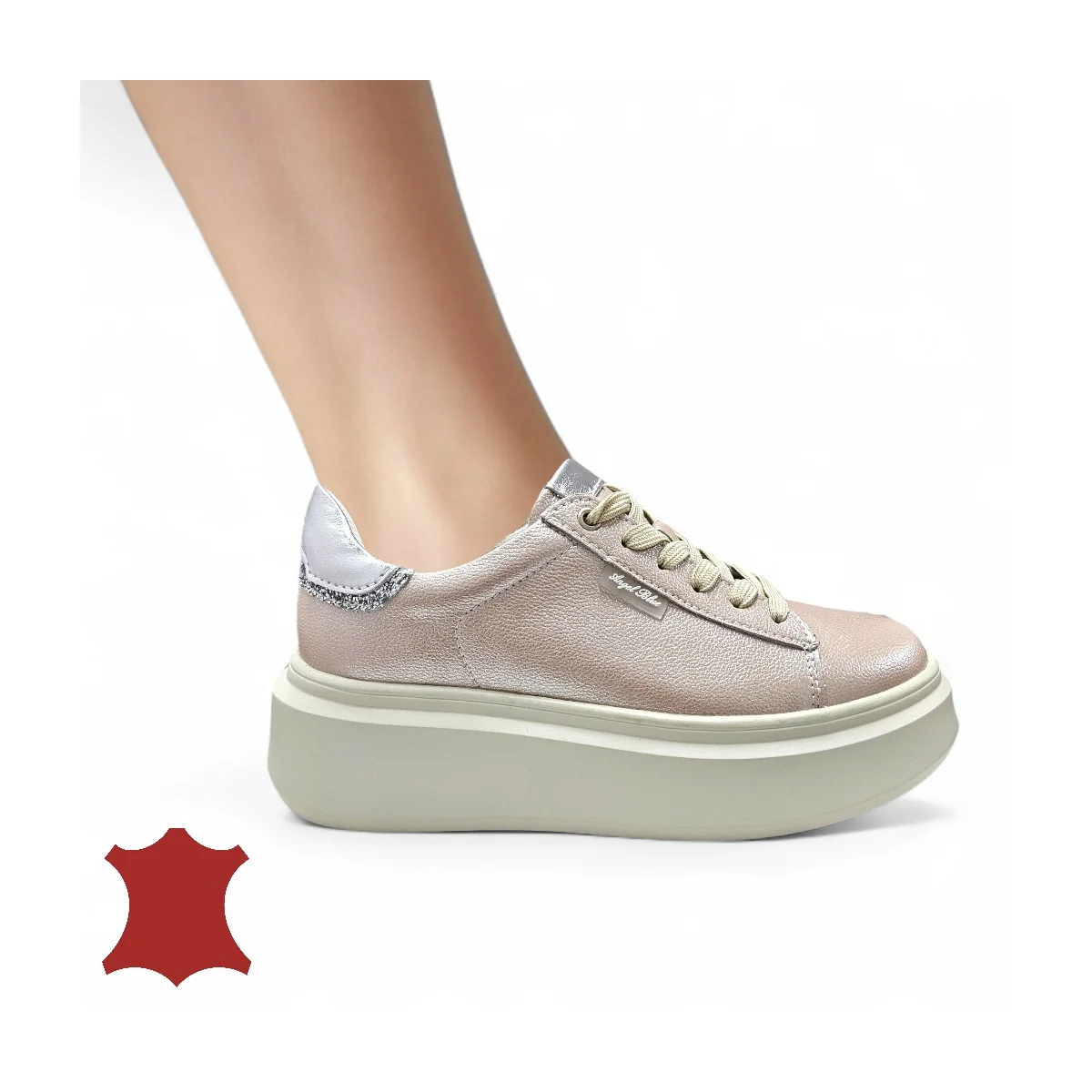 Chaussures casual femme en cuir naturel rose nacré avec fermeture lacets F002-426B
