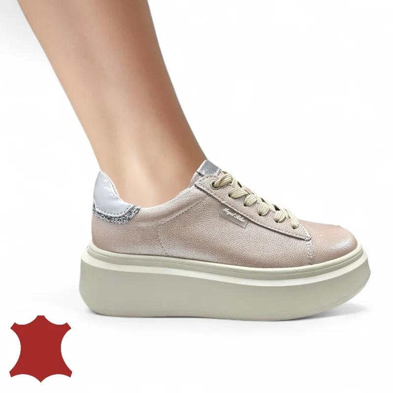 Chaussures casual femme en cuir naturel rose nacré avec fermeture lacets F002-426B